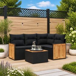 5 Piece Black Outdoor Garden Sofa Set with Cushions