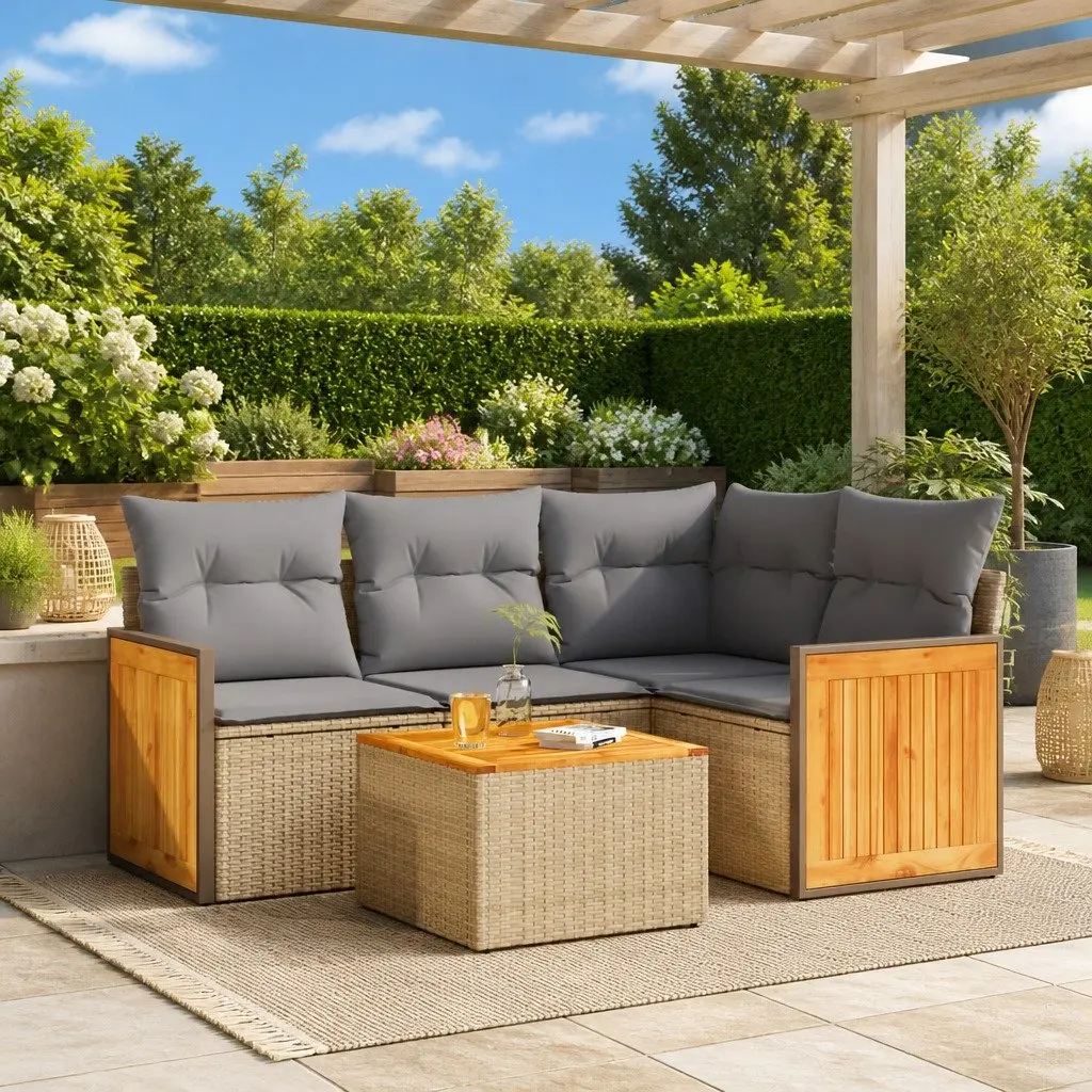5 Piece Garden Sofa Set PE Rattan Beige with Cushions
