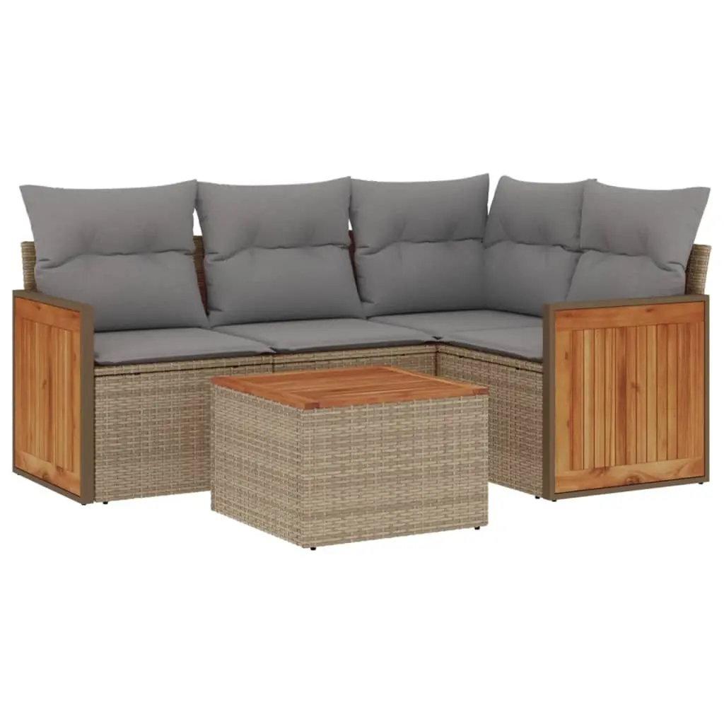 5 Piece Garden Sofa Set PE Rattan Beige with Cushions
