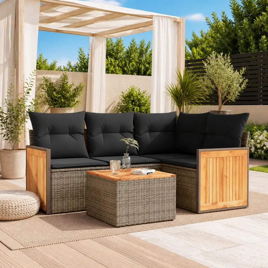 5 Piece Garden Sofa Set PE Rattan Grey with Acacia Wood Table Top Outdoor Furniture