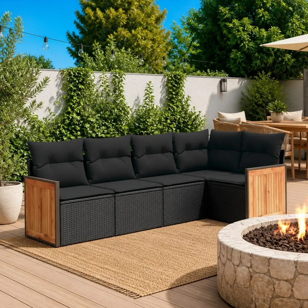 Garden Sofa Set PE Rattan 5 Piece Modular Outdoor Furniture with Cushions Black