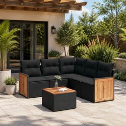 6-Piece Black Poly Rattan Garden Sofa Set for Outdoors