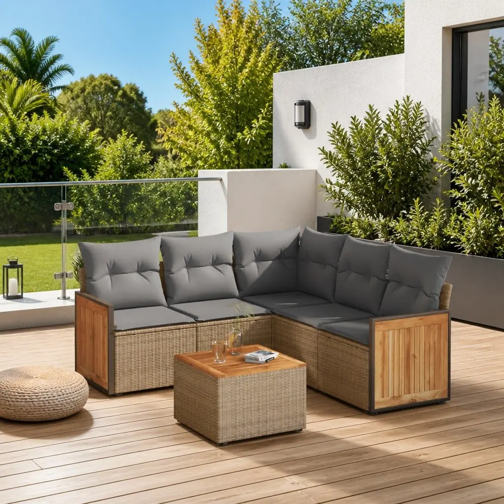 Beige 6-Piece Modular Outdoor Sofa Set with Cushions