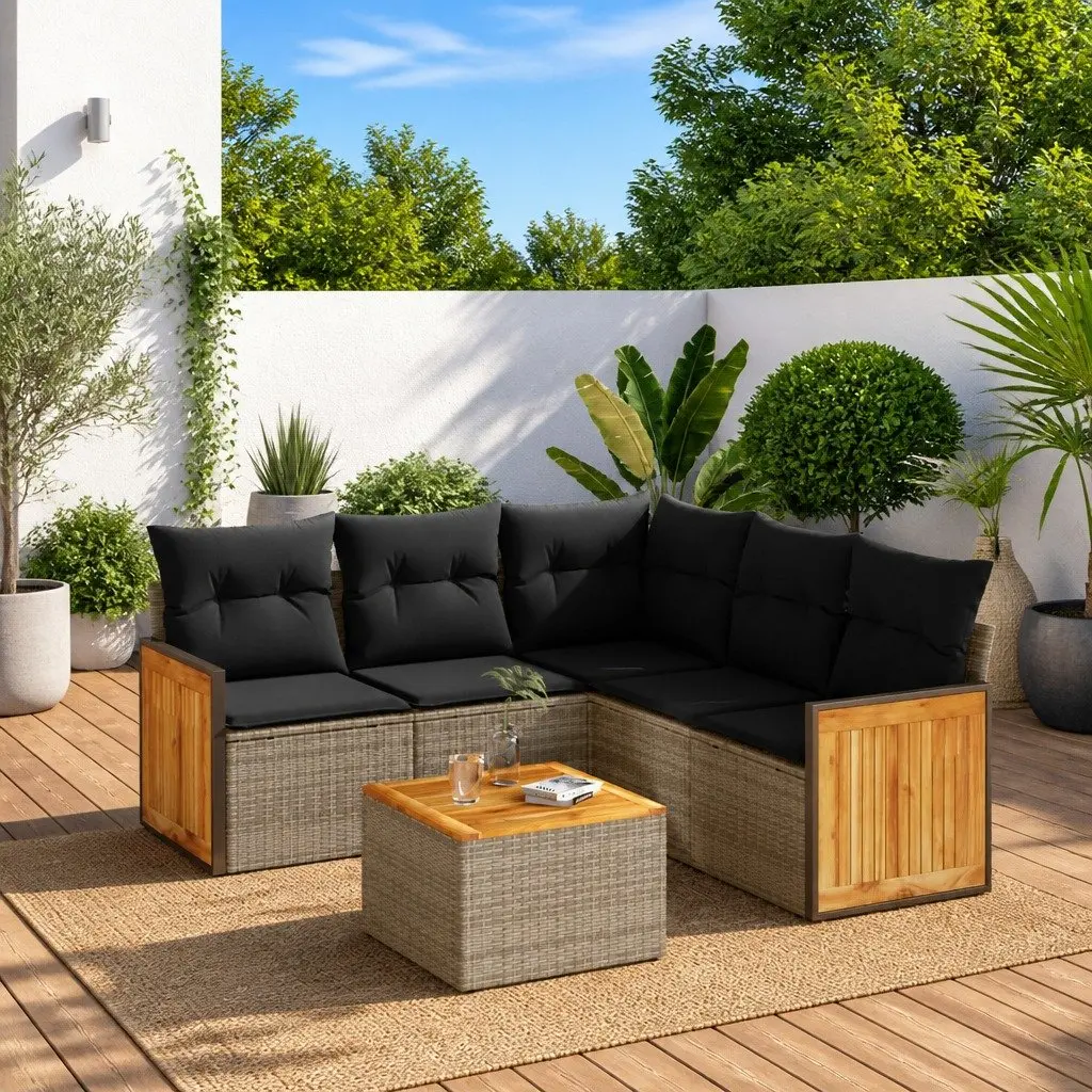 6-Piece Grey Poly Rattan Garden Sofa Set