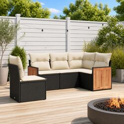 5-Piece Black Poly Rattan Garden Sofa Set
