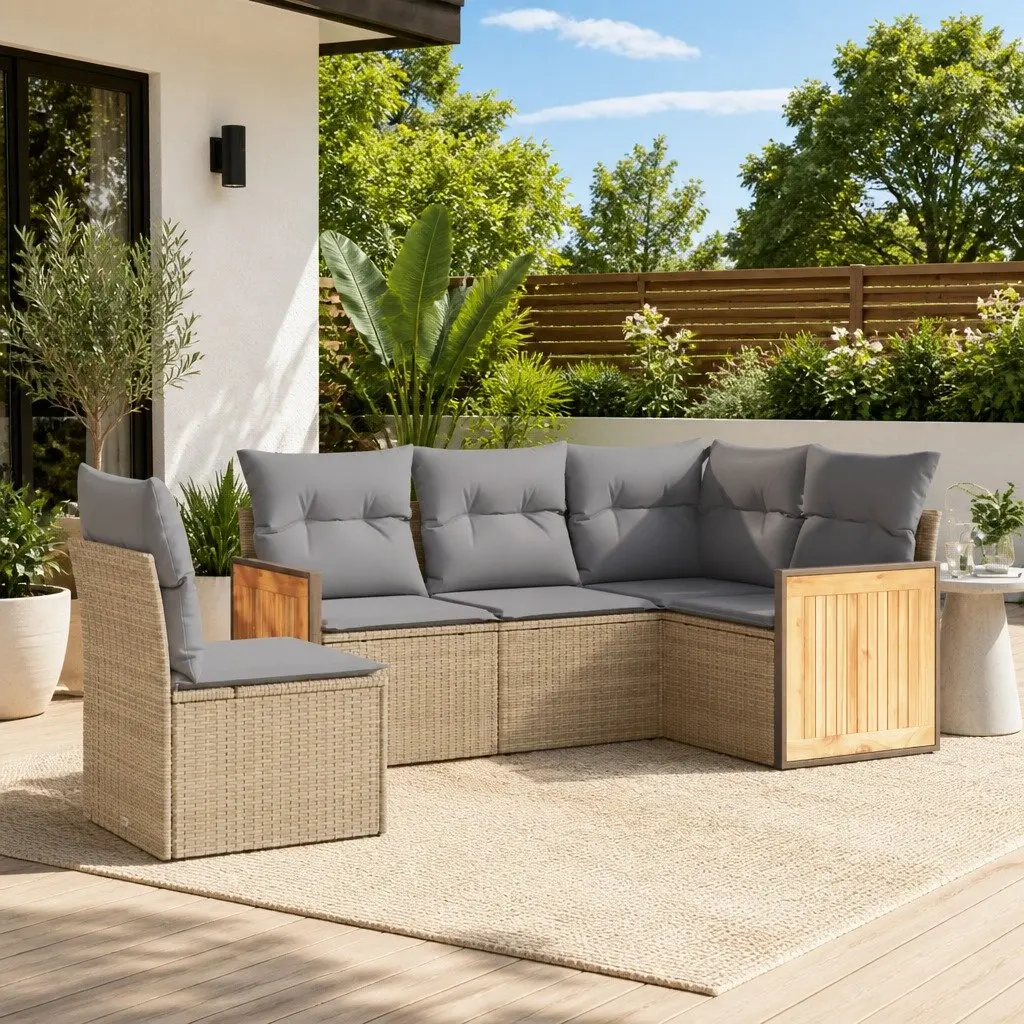 5 Piece Beige Outdoor Sofa Set with Storage