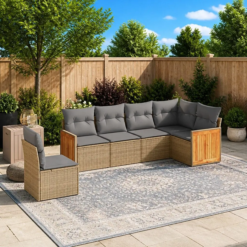 Garden Sofa Set PE Rattan 6 Piece Outdoor Furniture Patio Beige with Cushions