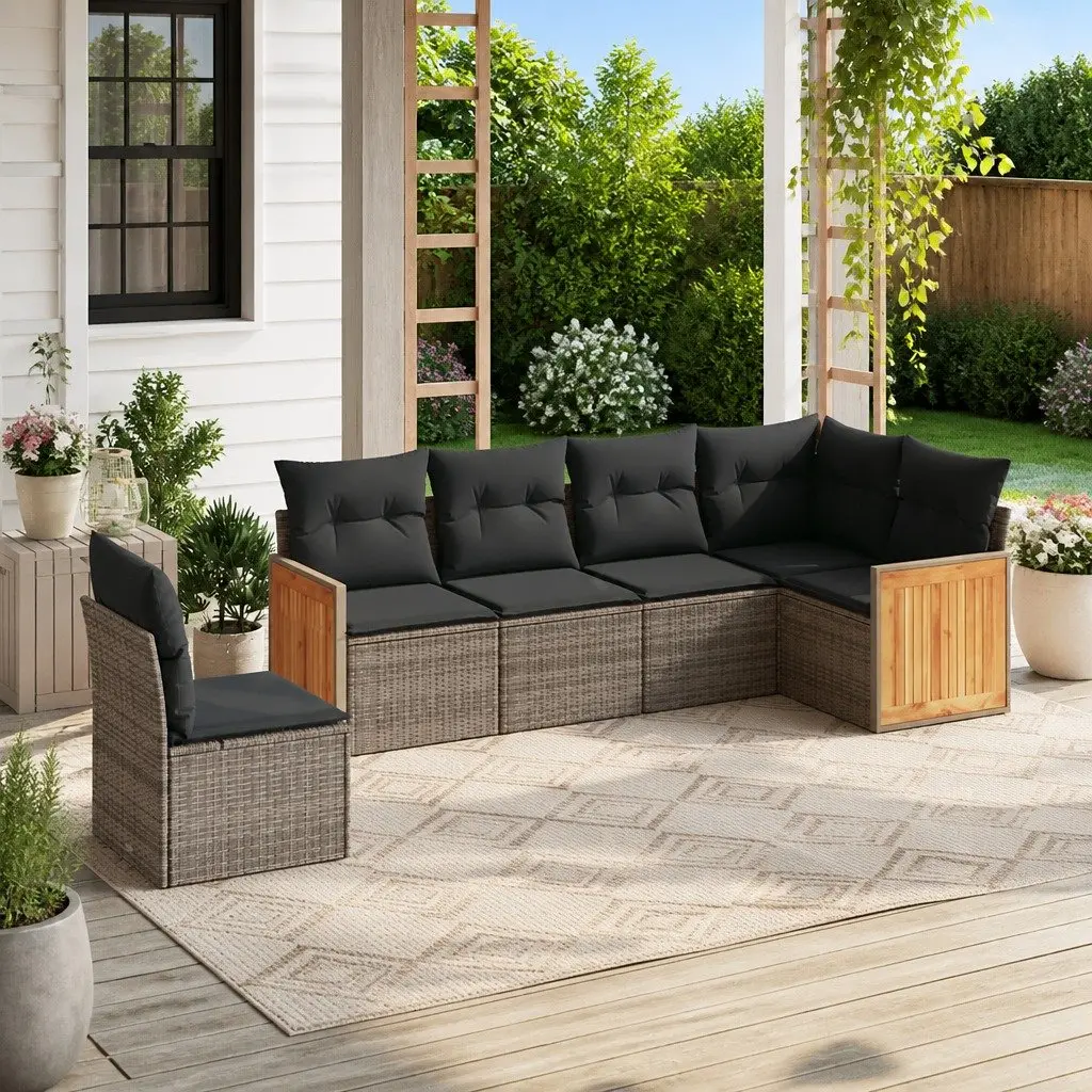 6-Piece Grey Poly Rattan Garden Sofa Set for Outdoors