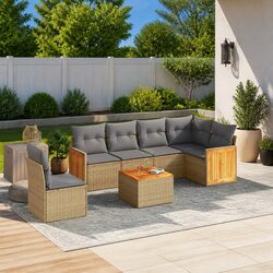 Sturdy 7 Piece Beige Poly Rattan Garden Sofa Set