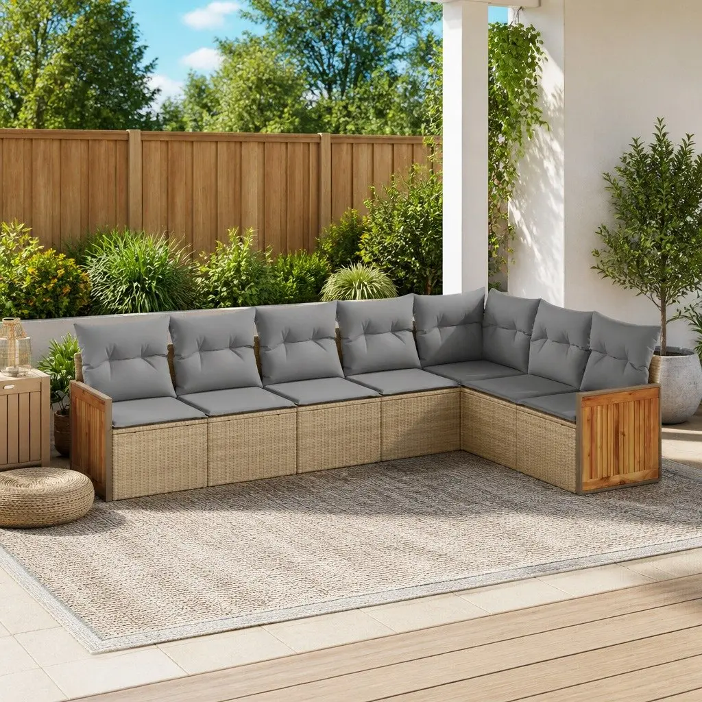 7 Piece Outdoor Garden Sofa Set PE Rattan Beige Modular Patio Furniture with Cushions