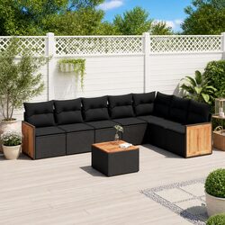 8-Piece Black Poly Rattan Outdoor Sofa Set with Cushions