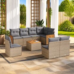9 Piece Outdoor Beige Poly Rattan Garden Sofa Set