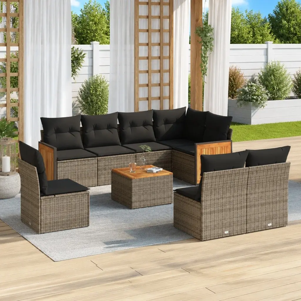 Garden Sofa Set PE Rattan 9 Piece Outdoor Furniture Acacia Wood Table Grey