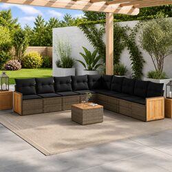Grey Modular 10-Piece Outdoor Sofa Set with Acacia Table