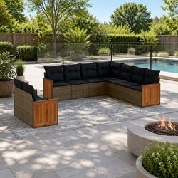 Durable 9-Piece Grey Garden Sofa Set with Cushions