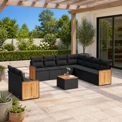 10-Piece Modular Black Rattan Garden Sofa Set
