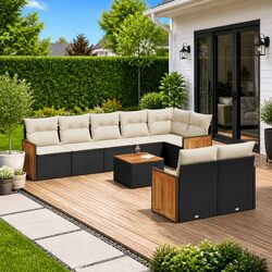 Sturdy Black Rattan 9-Piece Garden Sofa Set with Storage