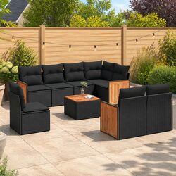 9-Piece Black Poly Rattan Garden Sofa Set with Cushions