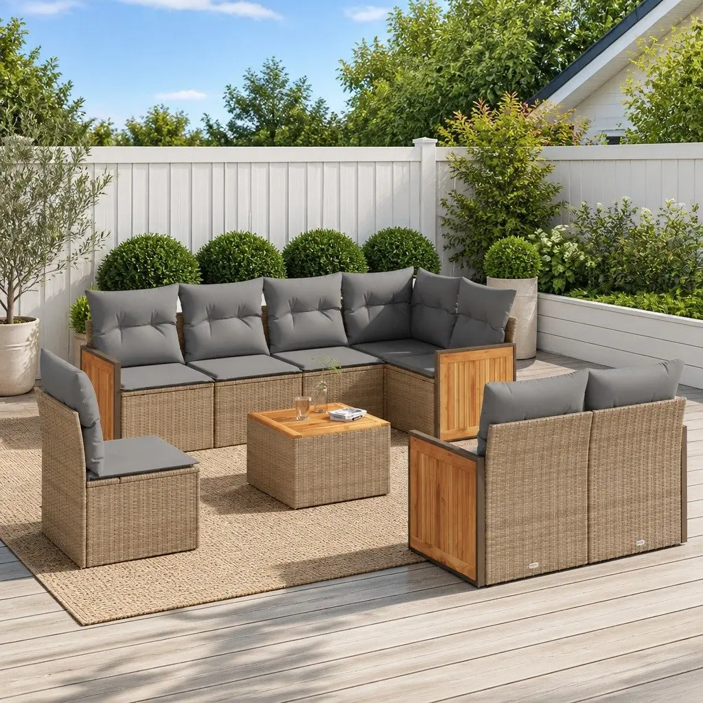 Garden Sofa Set Poly Rattan 9 Piece Outdoor Furniture Patio Beige
