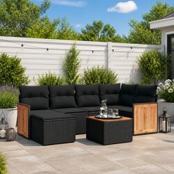 7-Piece Black Poly Rattan Outdoor Sofa Set with Cushions