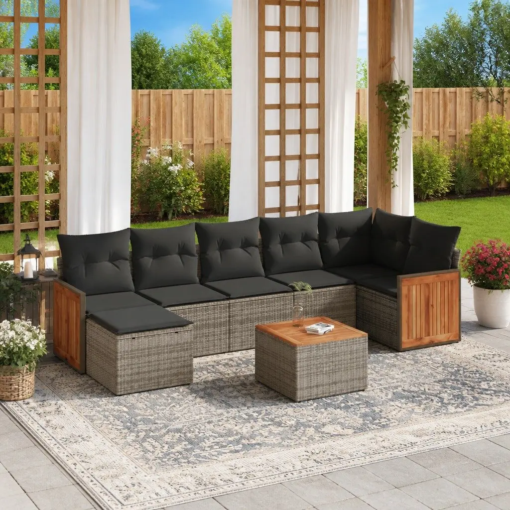 Garden Sofa Set PE Rattan 8 Piece Outdoor Furniture Grey with Acacia Wood Tabletop and Cushions