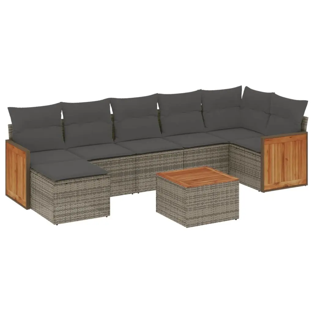 Garden Sofa Set PE Rattan 8 Piece Outdoor Furniture Grey with Acacia Wood Tabletop and Cushions