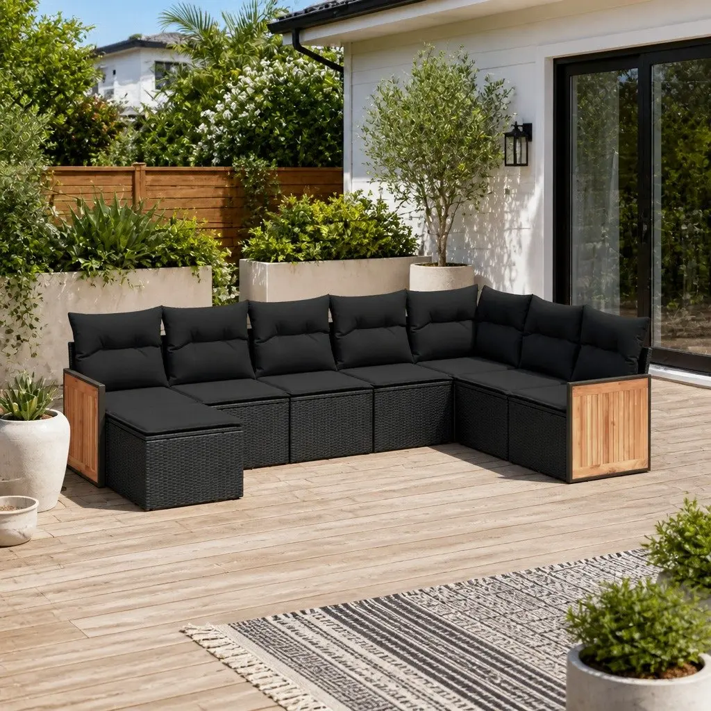 8-Piece Black Rattan Garden Sofa Set with Cushions