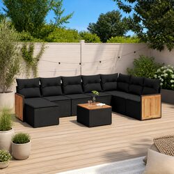 Durable 9 Piece Black Garden Sofa Set with Cushions