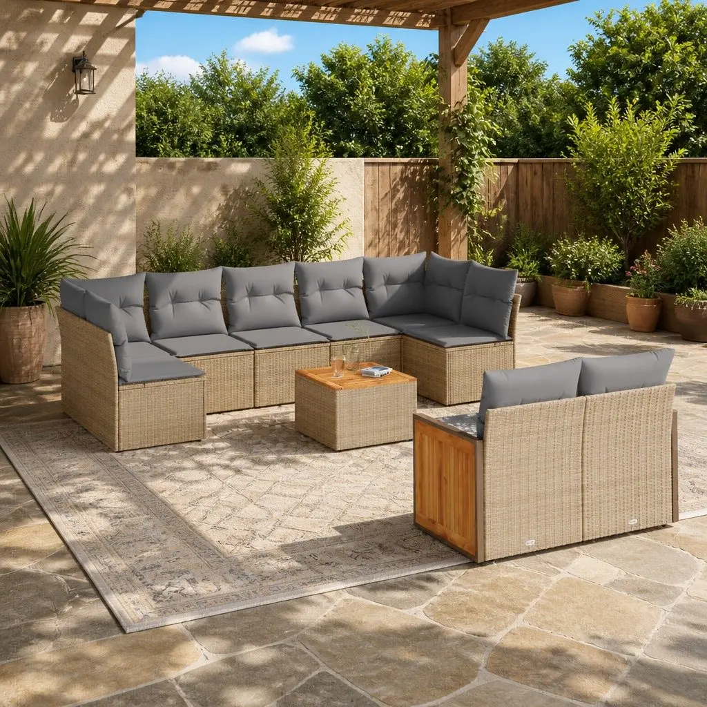 Beige 10 Piece Garden Sofa Set with Cushions & Storage