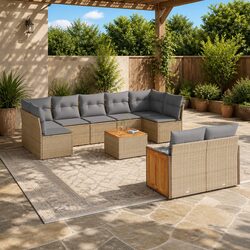Beige 10 Piece Garden Sofa Set with Cushions & Storage