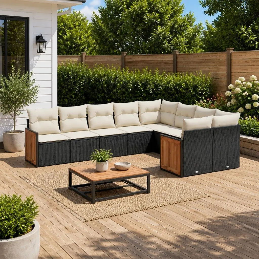 9 Piece Black Garden Sofa Set with Cushions