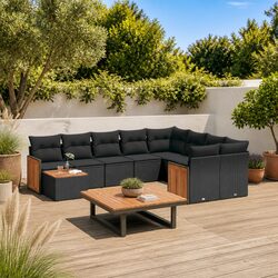 10-Piece Black Poly Rattan Garden Sofa Set