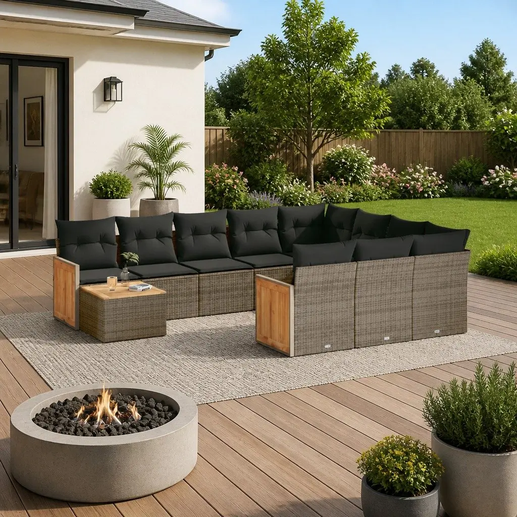 Garden Sofa Set 11 Piece PE Rattan Grey Modular Outdoor Furniture Acacia Wood Tabletop