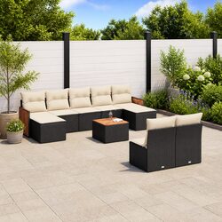 Durable 10 Piece Garden Sofa Set with Black Rattan and Cushions