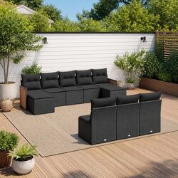 10-Piece Black Poly Rattan Garden Sofa Set