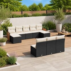 10 Piece Black Poly Rattan Garden Sofa Set with Cushions