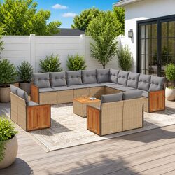 14-Piece Beige Poly Rattan Garden Sofa Set