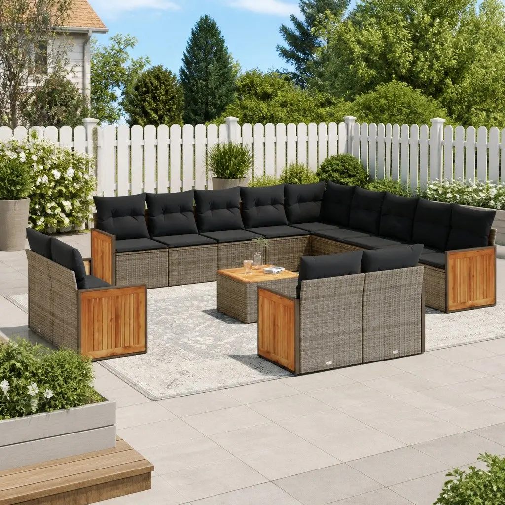 Garden Sofa Set PE Rattan 14 Piece Modular Outdoor Furniture Grey Acacia Wood Tabletop