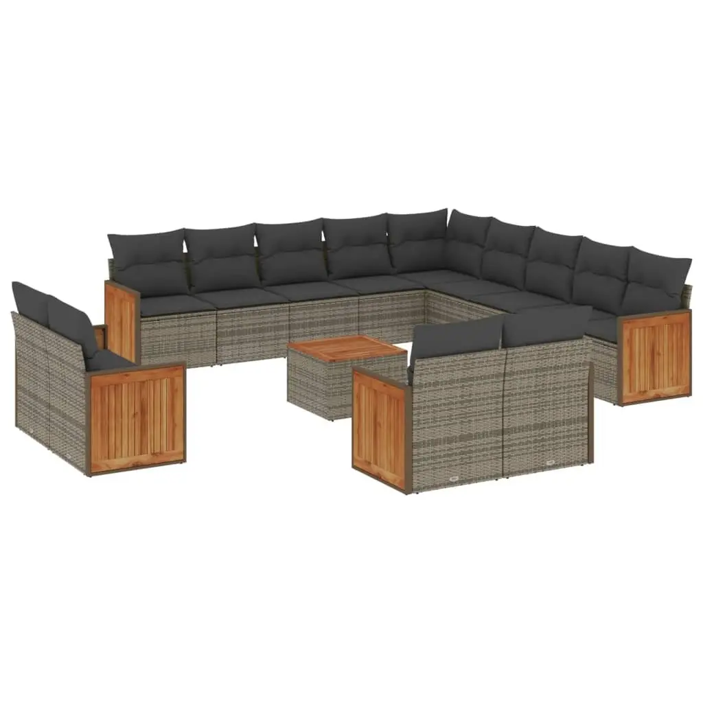 Garden Sofa Set PE Rattan 14 Piece Modular Outdoor Furniture Grey Acacia Wood Tabletop