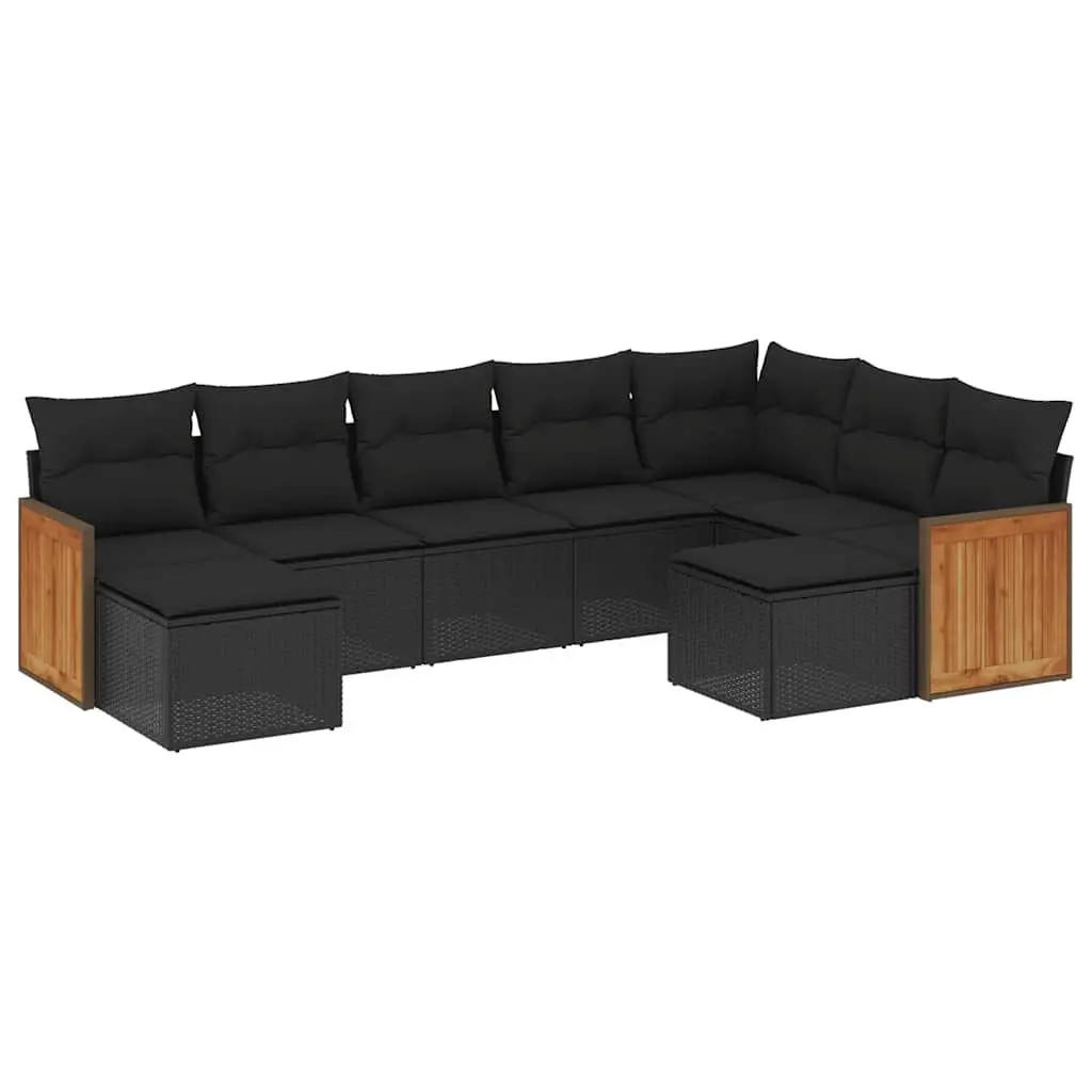 9-Piece Modular Black Poly Rattan Garden Sofa Set