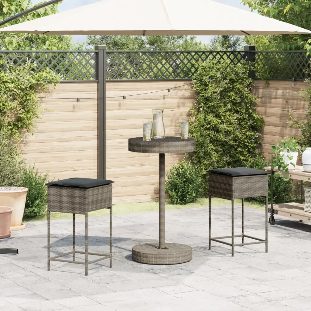 Garden Bar Set PE Rattan Powder-Coated Steel 3 Piece Grey Outdoor Furniture with Cushions