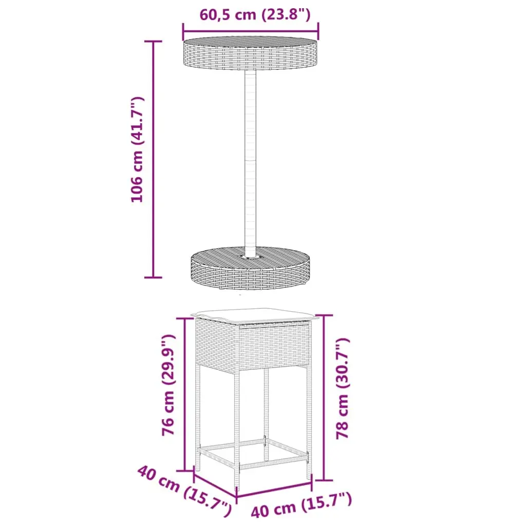 Garden Bar Set PE Rattan Powder-Coated Steel 3 Piece Grey Outdoor Furniture with Cushions
