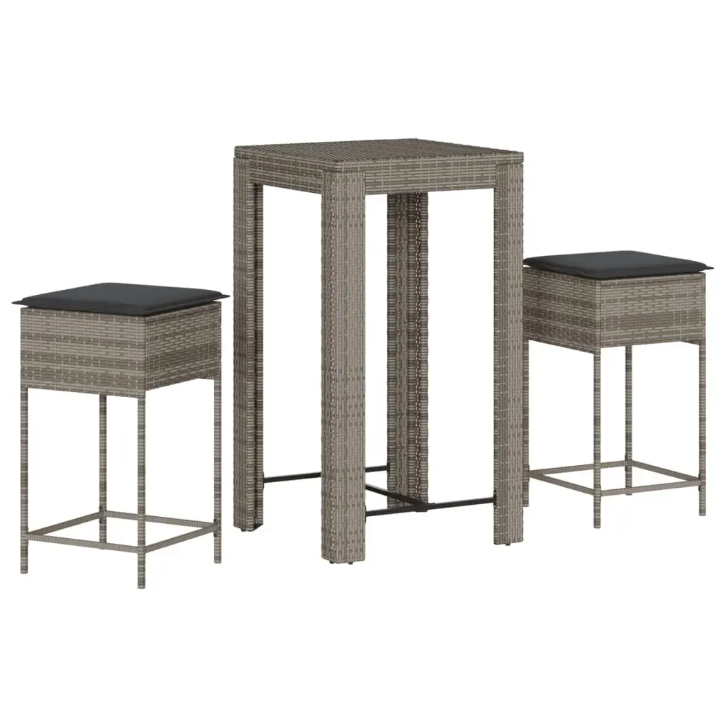 3-Piece Garden Bar Set with Cushions in Grey