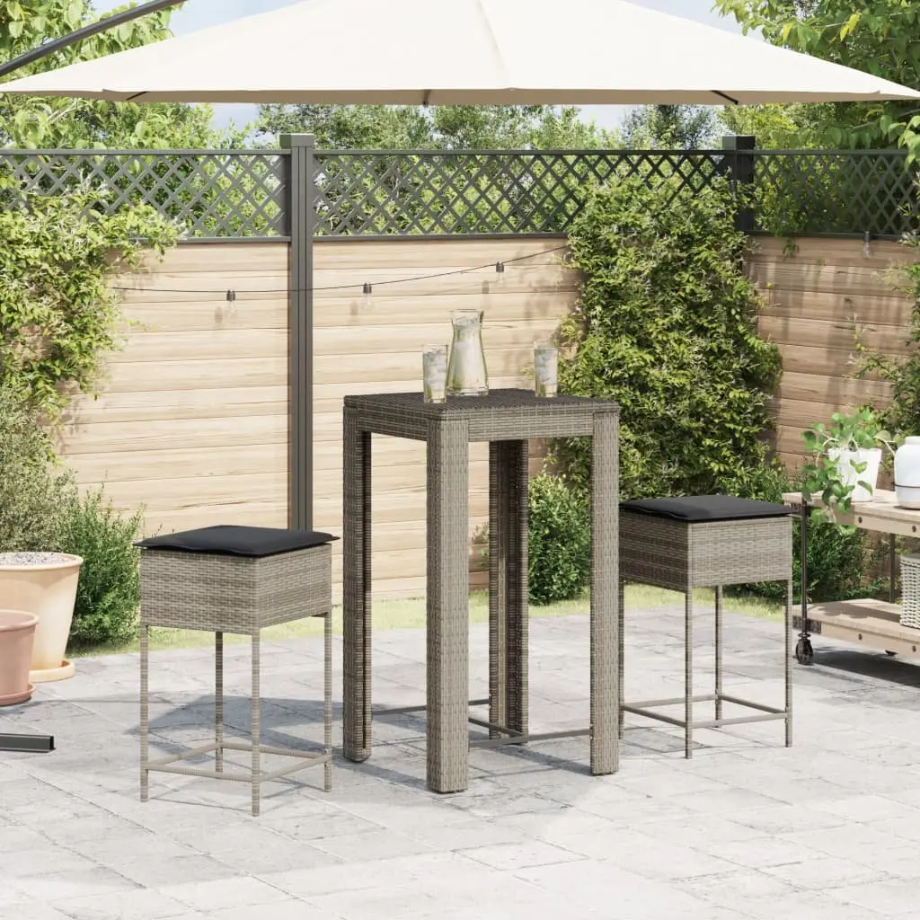 3-Piece Garden Bar Set with Cushions in Grey