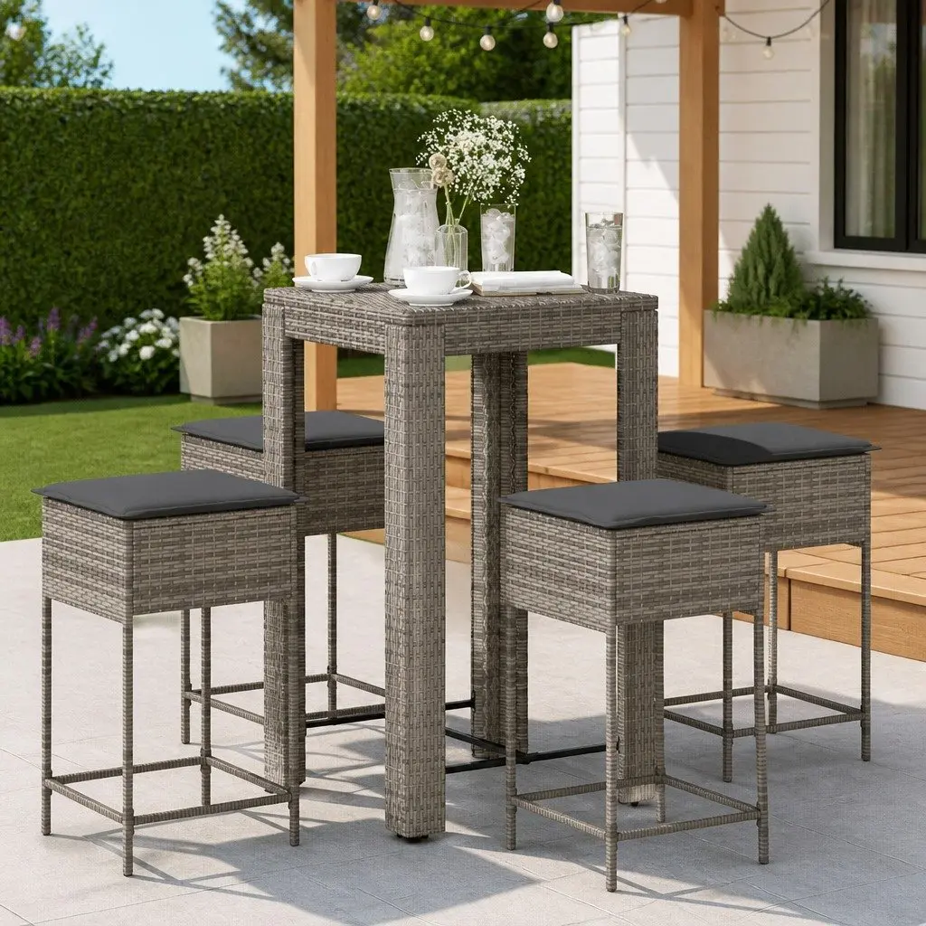 5-Piece Garden Bar Set with Cushions in Grey