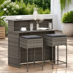 3 Piece Outdoor Garden Bar Set with Cushions in Grey