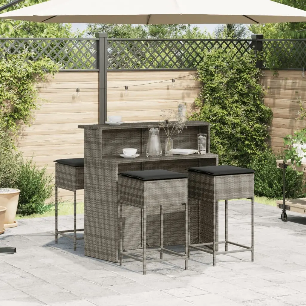 Garden Bar Set Poly Rattan Grey Cushioned 5 Piece Outdoor Furniture