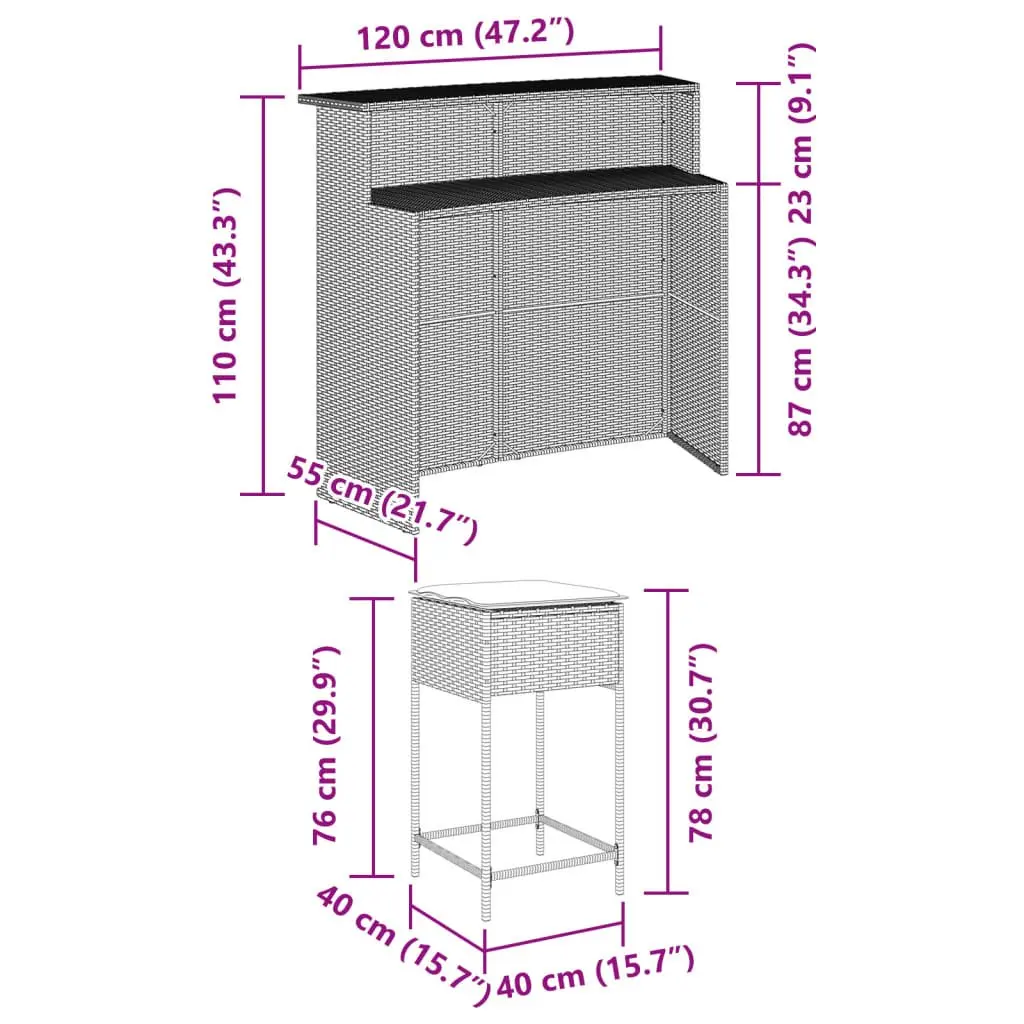 Garden Bar Set Poly Rattan Grey Cushioned 5 Piece Outdoor Furniture