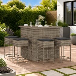 5 Piece Garden Bar Set Outdoor Patio Conversation Seating with Cushions Grey Rattan