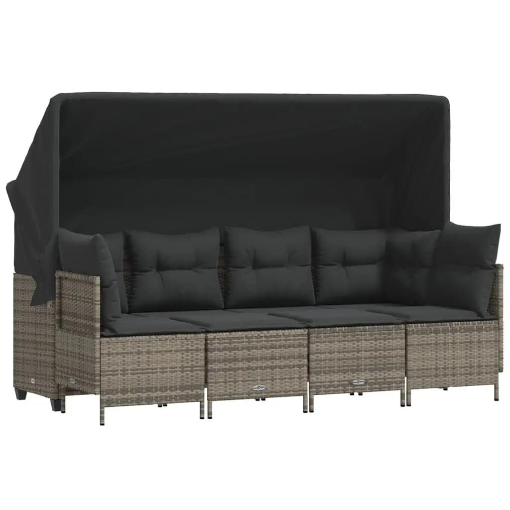5 Piece Garden Sofa Set PE Rattan Grey with Retractable Canopy